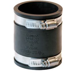 Rubber coupling with metal clamps on white background.