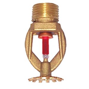 Brass fire sprinkler head with red liquid-filled bulb.