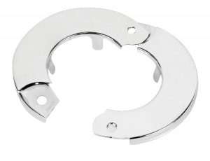 An open, shiny metal handcuff isolated on a white background.