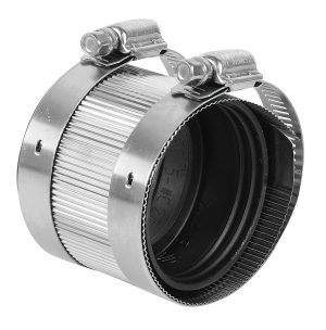 Flexible pipe coupling with metal clamps on white background.