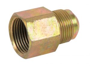 A brass hydraulic adapter fitting with male and female threads.