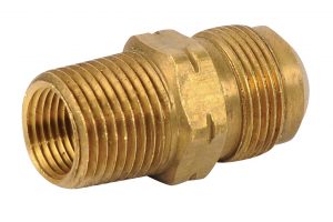 Brass double-ended threaded pipe nipple on a white background.