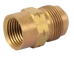 Brass plumbing fitting with threaded male and female ends on a white background.