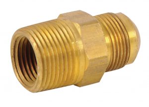 Brass double-ended pipe fitting on a white background.