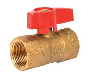 Brass ball valve with a red handle on a white background.
