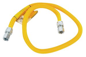 Yellow flexible gas line with metal connectors on both ends.