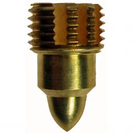 Brass nozzle with threaded top and conical tip on a white background.
