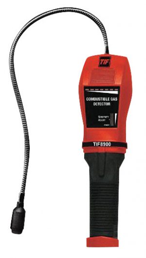 Handheld combustible gas detector with flexible probe and digital display.