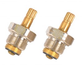 Two brass thermostatic radiator valves isolated on a white background.