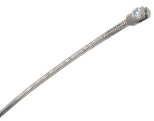 Flexible metal hose with a mounted fitting on a white background.