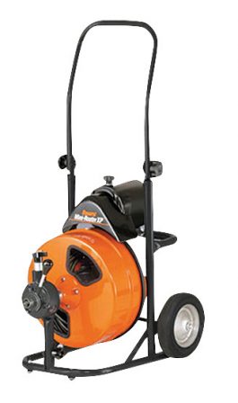 Orange portable air compressor on a black metal frame with wheels.