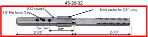Precision machined metal spindle with measurements and specs labeled.