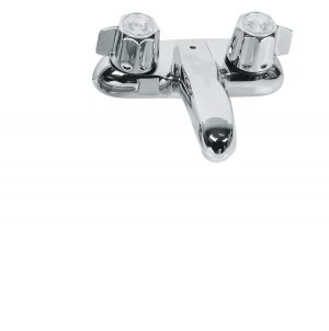 A shiny chrome faucet isolated on a white background.