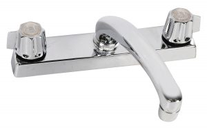 Chrome two-handle wall-mount faucet on a white background.