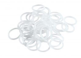 A pile of loose, translucent rubber bands on a white background.
