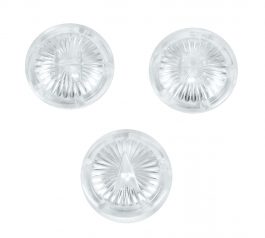 Three round, clear glass stones with starburst patterns on a white background.