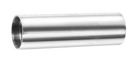 Shiny metal pipe with threaded ends on a white background.