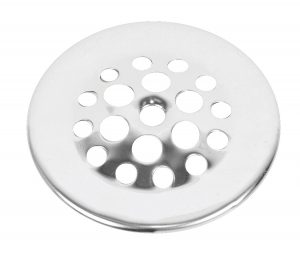 A stainless steel sink strainer with circular holes on a white background.