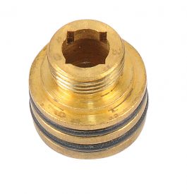 Brass faucet cartridge with rubber seals on white background.