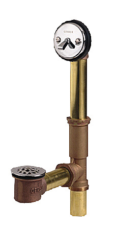 Brass bathtub drain assembly with an overflow cover and a lift-and-turn stopper.