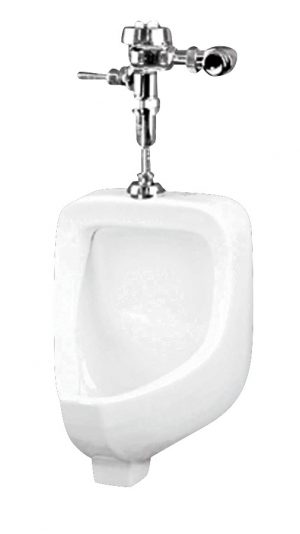 Wall-mounted white ceramic urinal with flush valve.