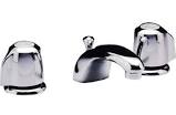 Chrome bathroom faucet set with two handles and a spout isolated on white background.