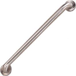 Stainless steel grab bar for bathroom safety mounted diagonally.