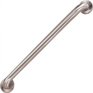 Stainless steel grab bar for bathroom safety mounted diagonally.