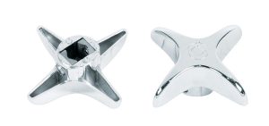 Two silver faucet handles in a star shape on a white background.
