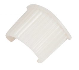White cable clip with a curved body and grooved surface on a plain background.