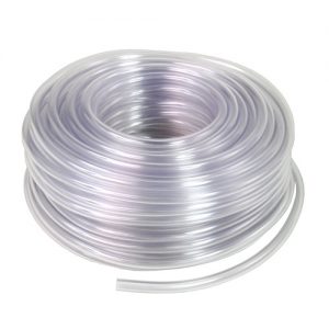 A coil of clear flexible plastic tubing on a white background.