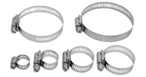 Five metal hose clamps of various sizes on a white background.