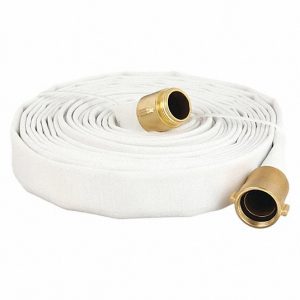 Coiled white fire hose with brass couplings on each end.
