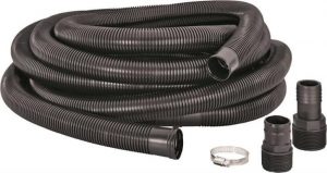 Coiled black corrugated hose with fittings and a clamp on a white background.