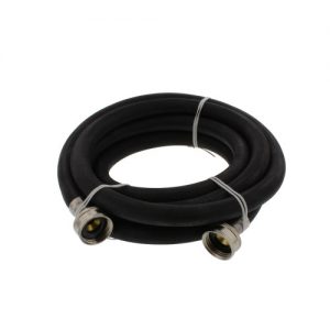 A coiled black rubber hose with metal connectors on both ends against a white background.