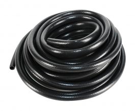 Coiled black rubber hose on a white background.