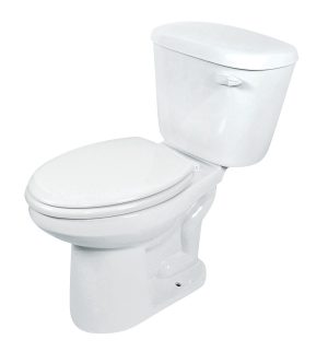 White ceramic toilet with closed lid on a plain background.