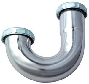A shiny metal P-trap pipe component against a white background.