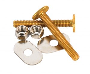 Gold-colored screws with nuts and washers on a white background.