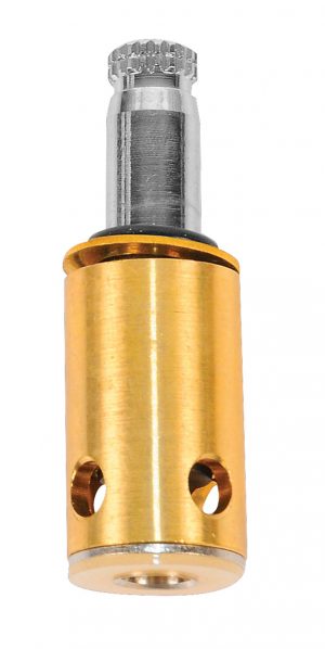 Brass-colored cylindrical gas valve part isolated on a white background.