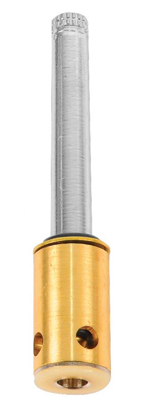 A metal gas burner nozzle with a silver stem and a golden base.