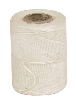 A spool of white thread on a plain background.