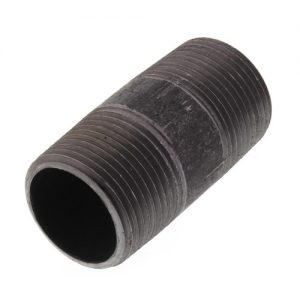 Black metal pipe nipple with external threads on white background.