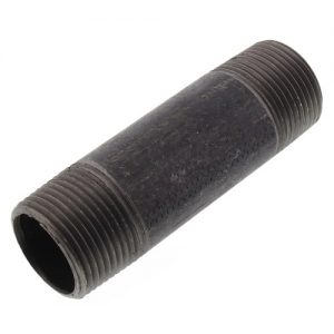 Black threaded metal pipe nipple on a white background.