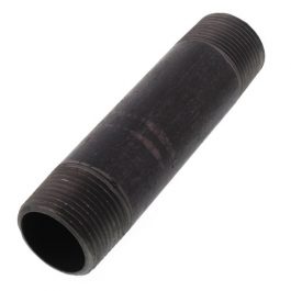 A black industrial pipe nipple with external threading on a white background.