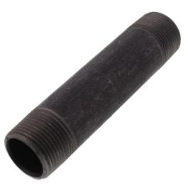 A black metal pipe nipple with external threads on a white background.