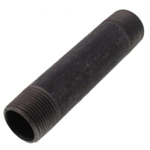 Black metal pipe nipple with external threads on a white background.