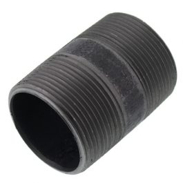 Black rubber pipe coupling with external threads on a white background.