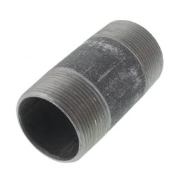 A galvanized steel pipe nipple with threaded connections on a white background.