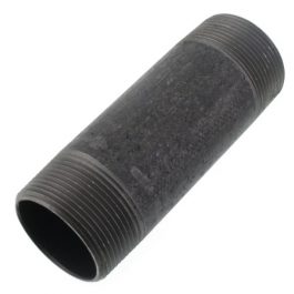 A black metal pipe nipple with external threads on both ends, isolated on a white background.